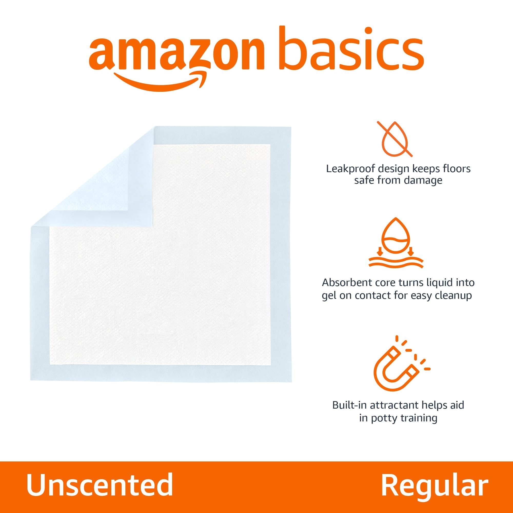 Amazon Basics Leak-Proof Dog and Puppy Potty Training Pee Pads with Quick-Dry 5-Layer Super Absorbent Design, Regular Size 22 x 22 inch, Blue & White, 100 Count
