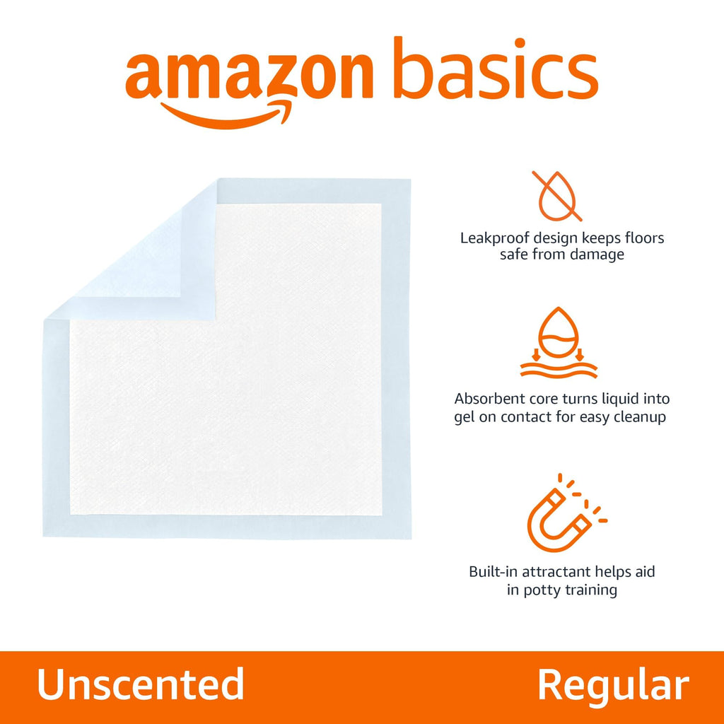 Amazon Basics Leak-Proof Dog and Puppy Potty Training Pee Pads with Quick-Dry 5-Layer Super Absorbent Design, Regular Size 22 x 22 inch, Blue & White, 100 Count
